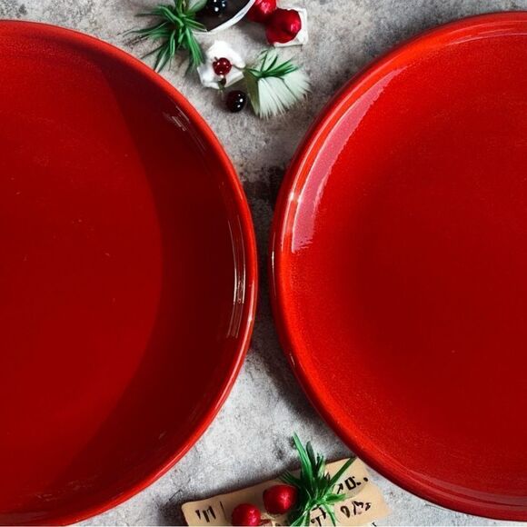 Vintage Bright Red Speckled Glaze 10” Stoneware Couple Dinner Plates - Picture 3 of 16